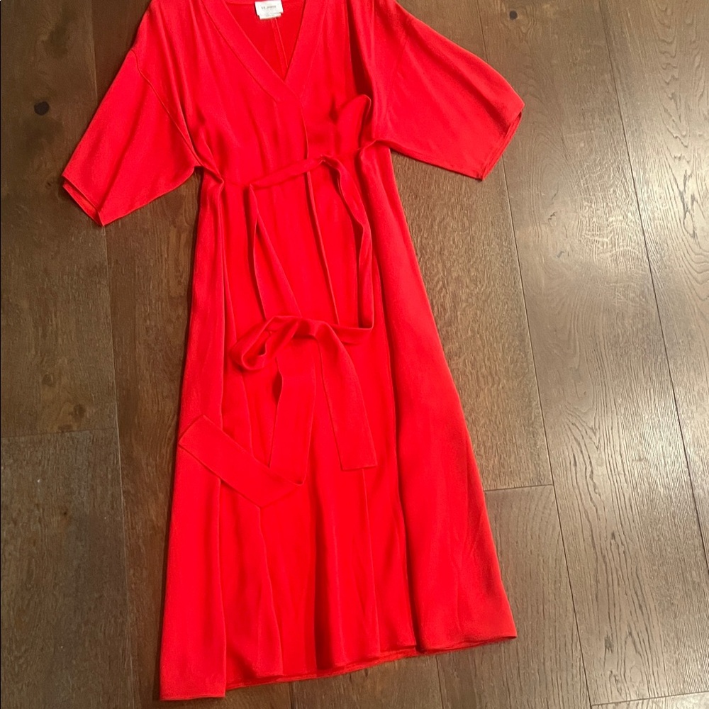 St. John Vibrant Red V-Neck Midi Dress with Self-Tie Belt